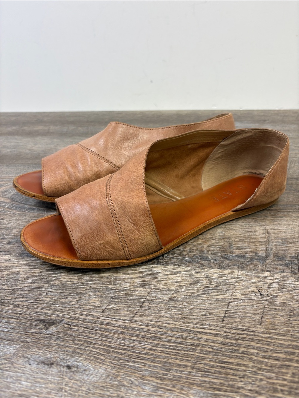 1.STATE Tan Leather D’Orsay Peep Toe Flat Sandals Women’s Size 9.5